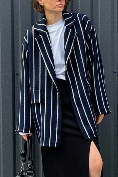 Women's Fashion Striped Blazer Dark Blue