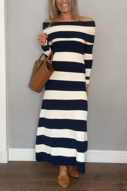 Women's Slim Striped Off Shoulder Dress Dark Blue