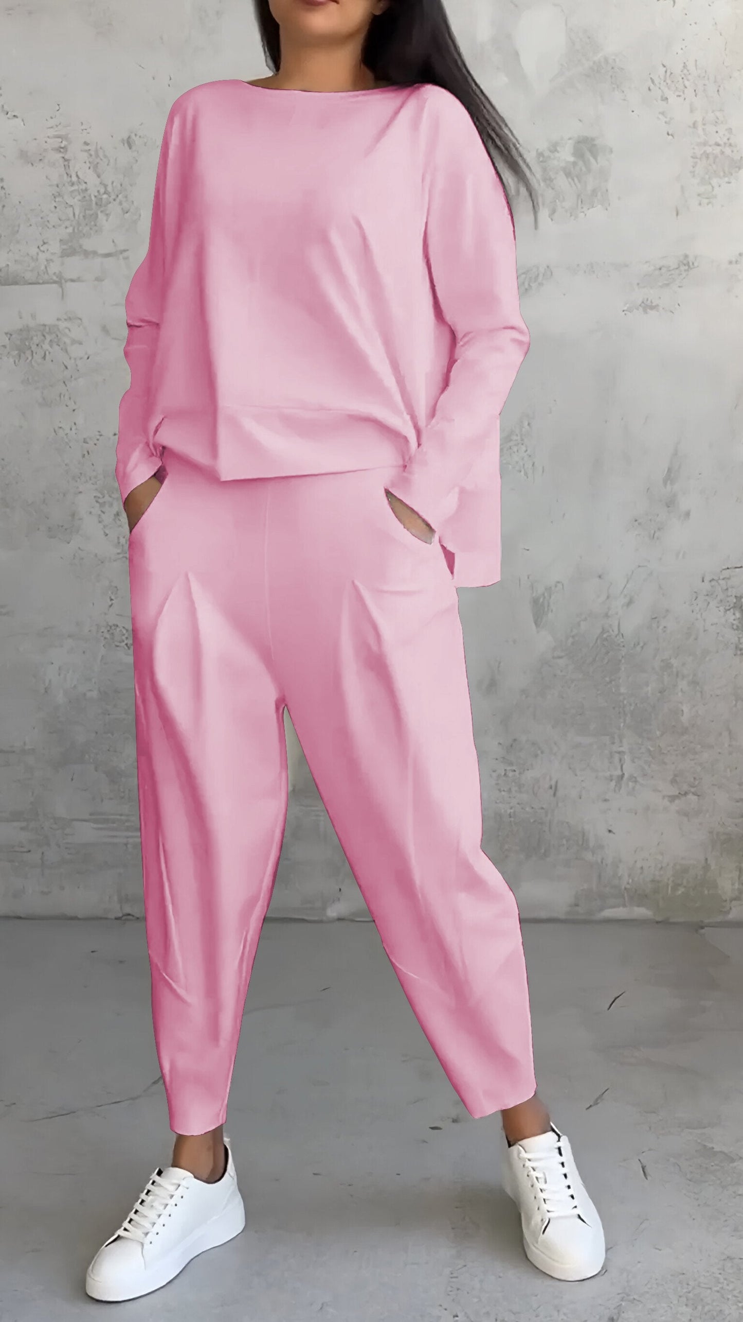 Casual Round Neck Long Sleeve Two Piece Suit Pink