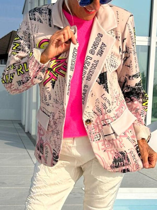 Women's Casual Lapel Letter Print Suit Jacket pink