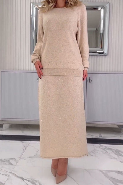 Women's Round Neck Long Sleeve Skirt Suit beige