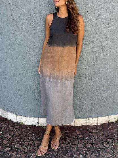 Women's casual cotton and linen sleeveless slit gradient tie-dye long dress Gray