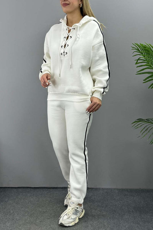 Women's Casual Neck Cord Hooded Sweatshirt Set White