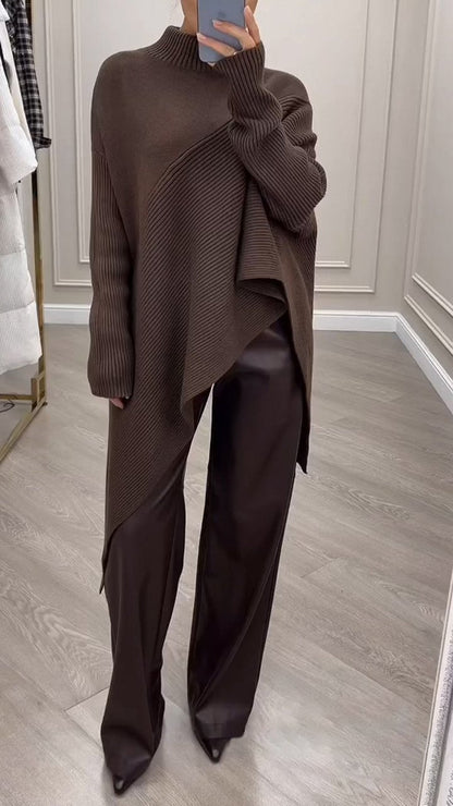 Women's Turtleneck Sweater and Trousers Two-piece Set brown