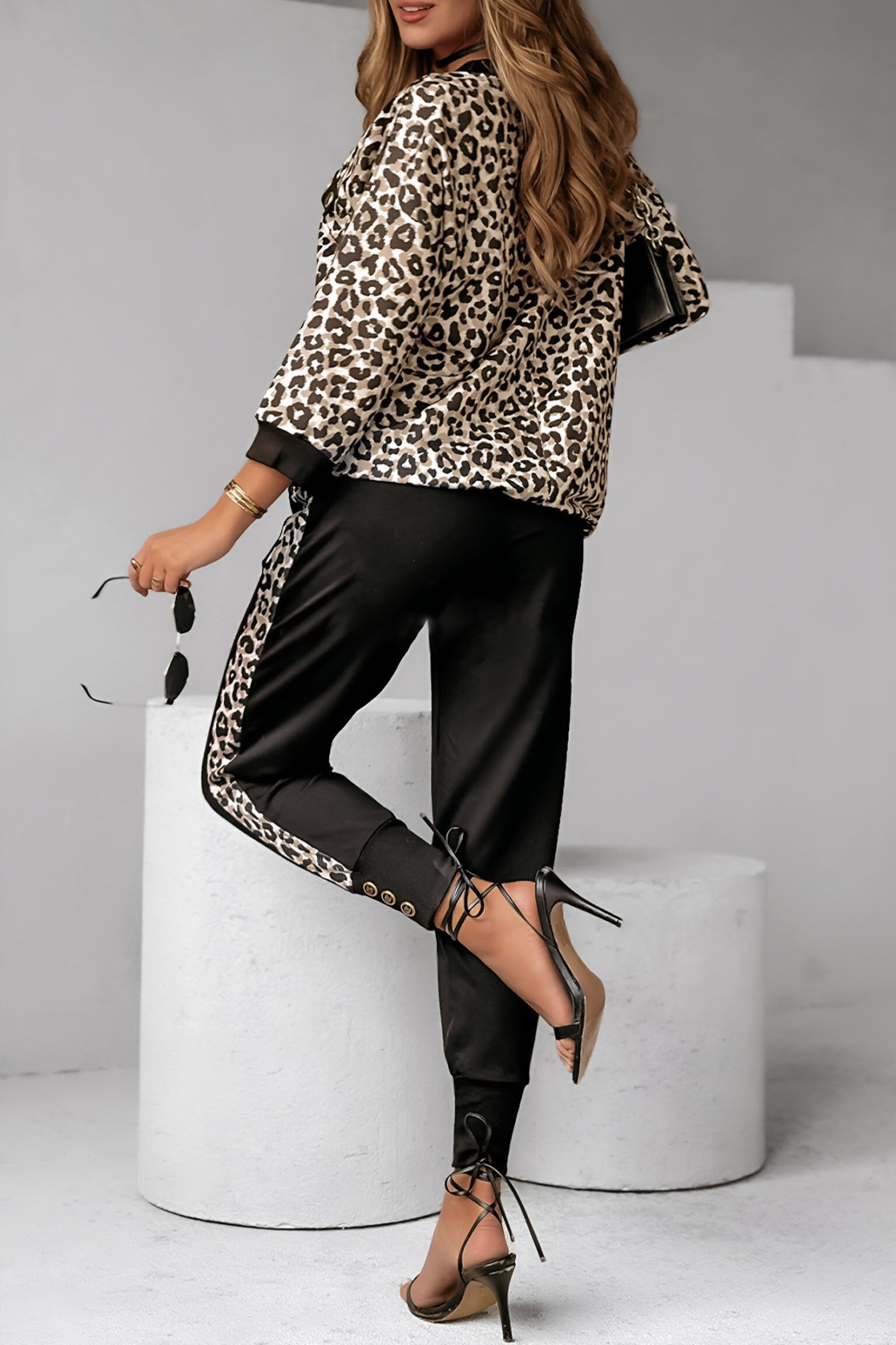 Women's V-neck Long-sleeved Leopard Print Blouse Two-piece Set