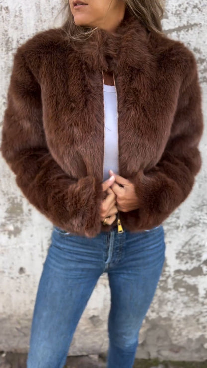 Women's High Collar Fur Zipper Casual Jacket