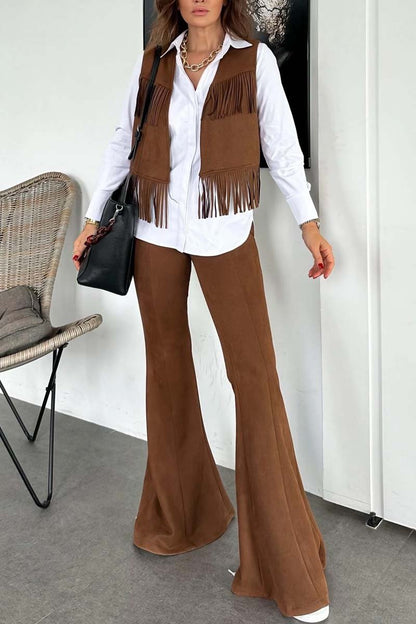 Women's Stylish Suede Fringe Sleeveless Top and Flare Pants Two-Piece Set Brown