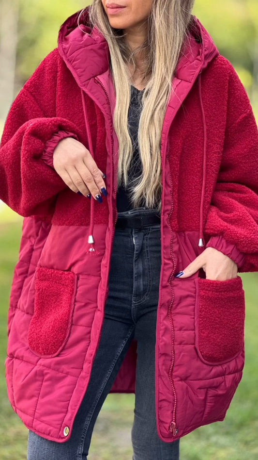 Women's Hooded Long-sleeved Fur Patchwork Casual Coat red