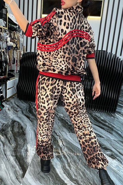 Women's Leopard Print High Collar Long Sleeve Hoodies Two Piece Set