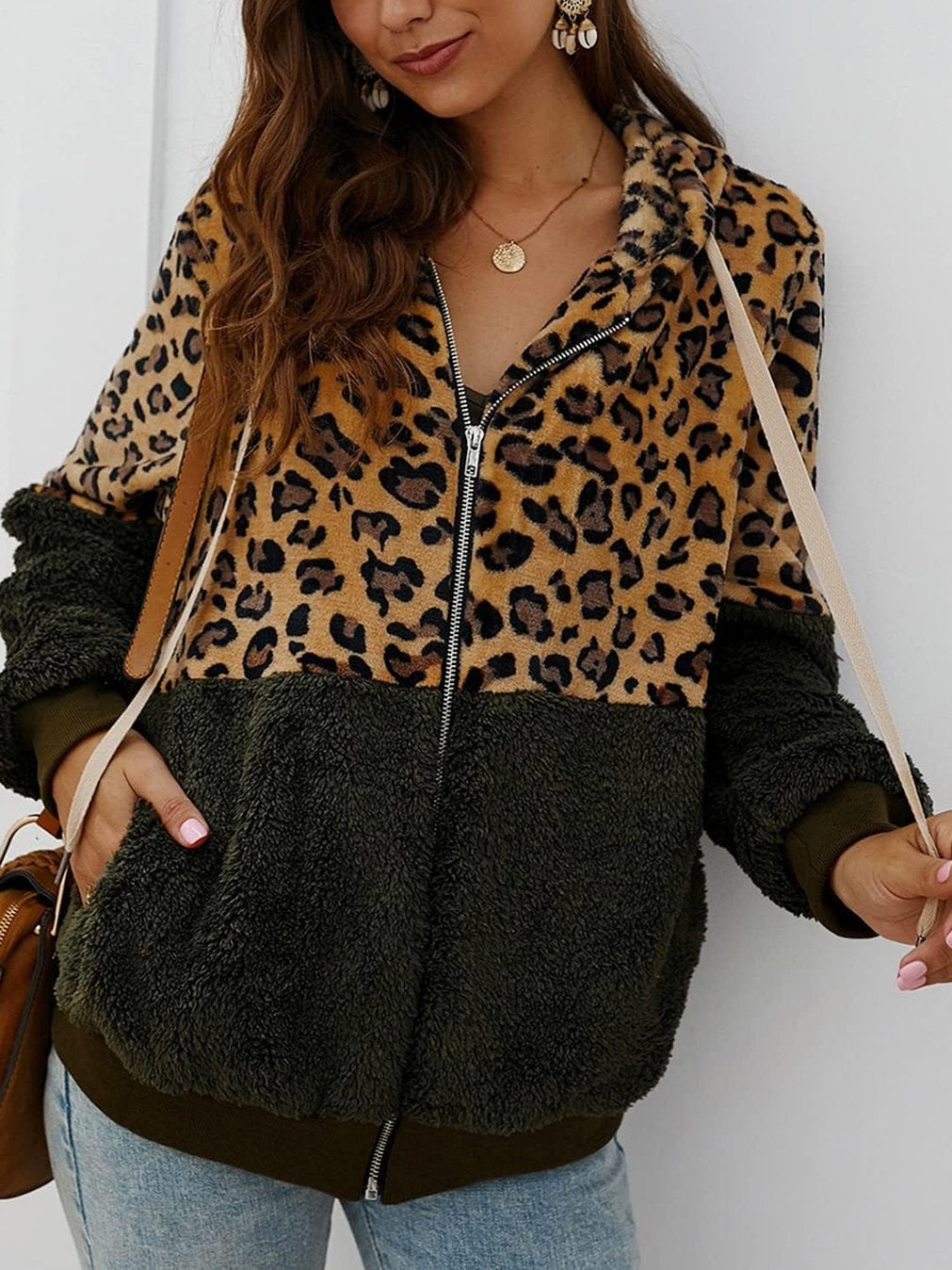 Women's Casual Leopard Print Patchwork Hooded Plush Jacket