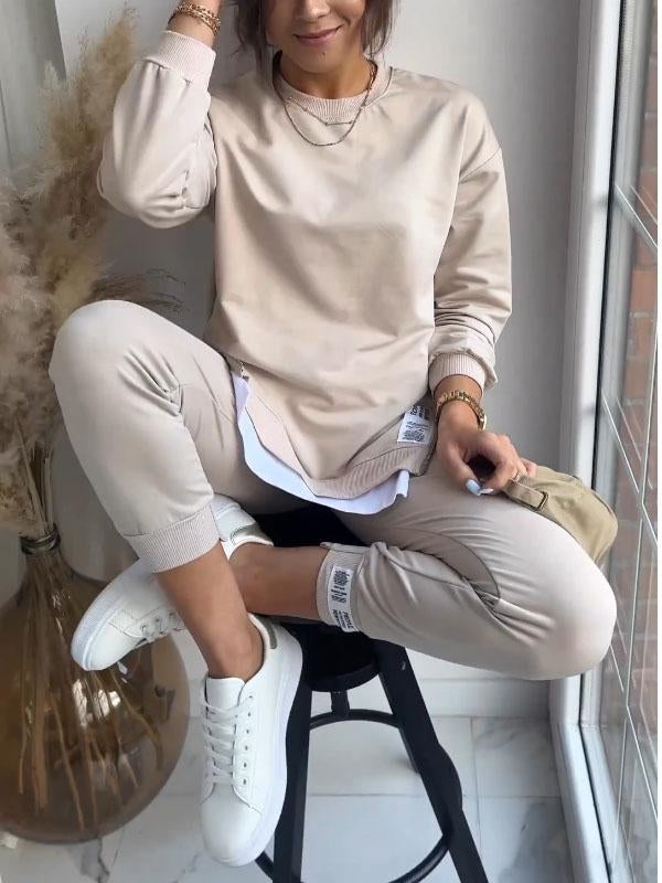 Women's Patchwork Fake Two-piece Top and Pants Sweatshirt Two-piece Set Khaki