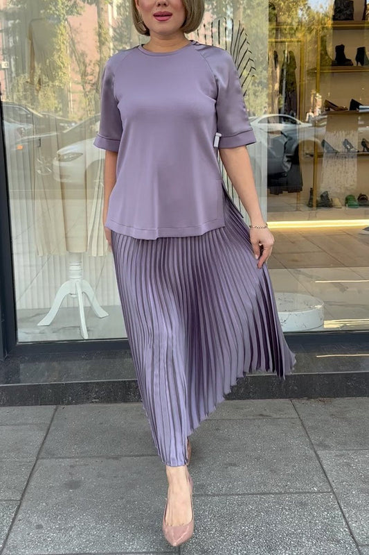 Women's Round Neck Mid-sleeve Top + Skirt Two-piece Set purple