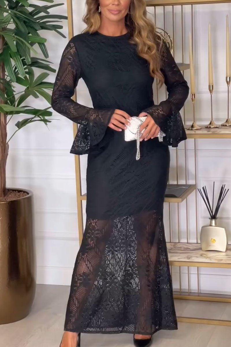 Women's Casual Solid Color Long Sleeve Lace Dresses black