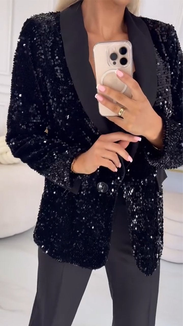 Women's Sequined Lapel Suit Jacket black