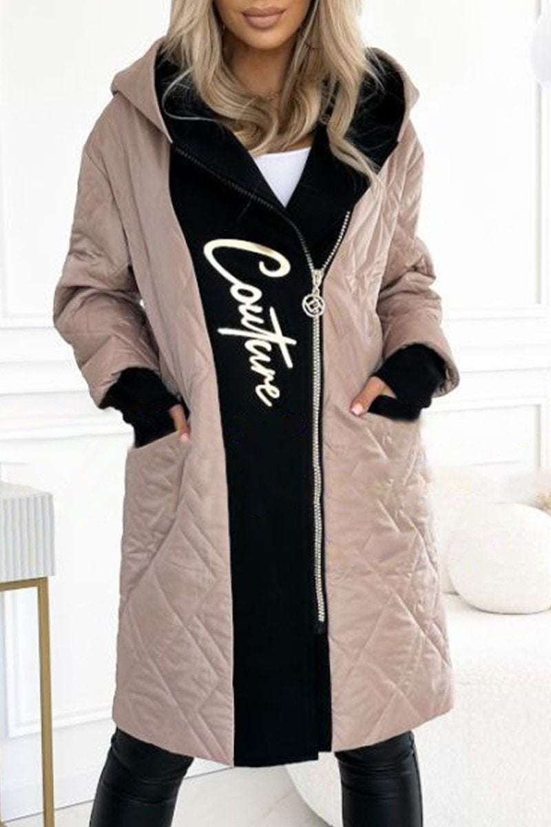 Women's Hooded Zippered Letter Print Long Coat light brown