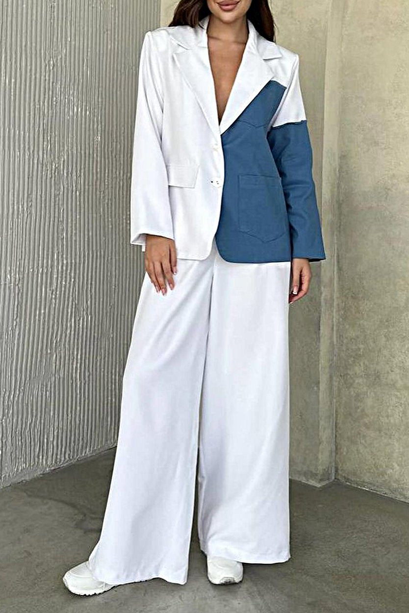 Women's Casual Fashion Patchwork Suit White and blue