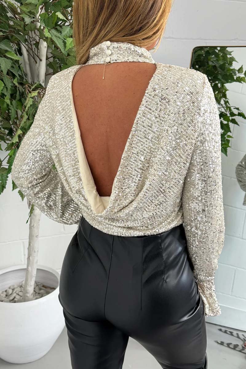 Women's Champagne Bell Sleeve Drape Back Sequin Turtle Neck Blouse