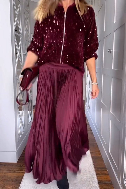 Women's Casual Solid Color Sequin Cardigan Pleated Skirt Two Piece Set burgundy