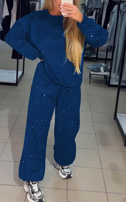 Women's Casual Round Neck Diamond Hooded Two Piece Suit blue