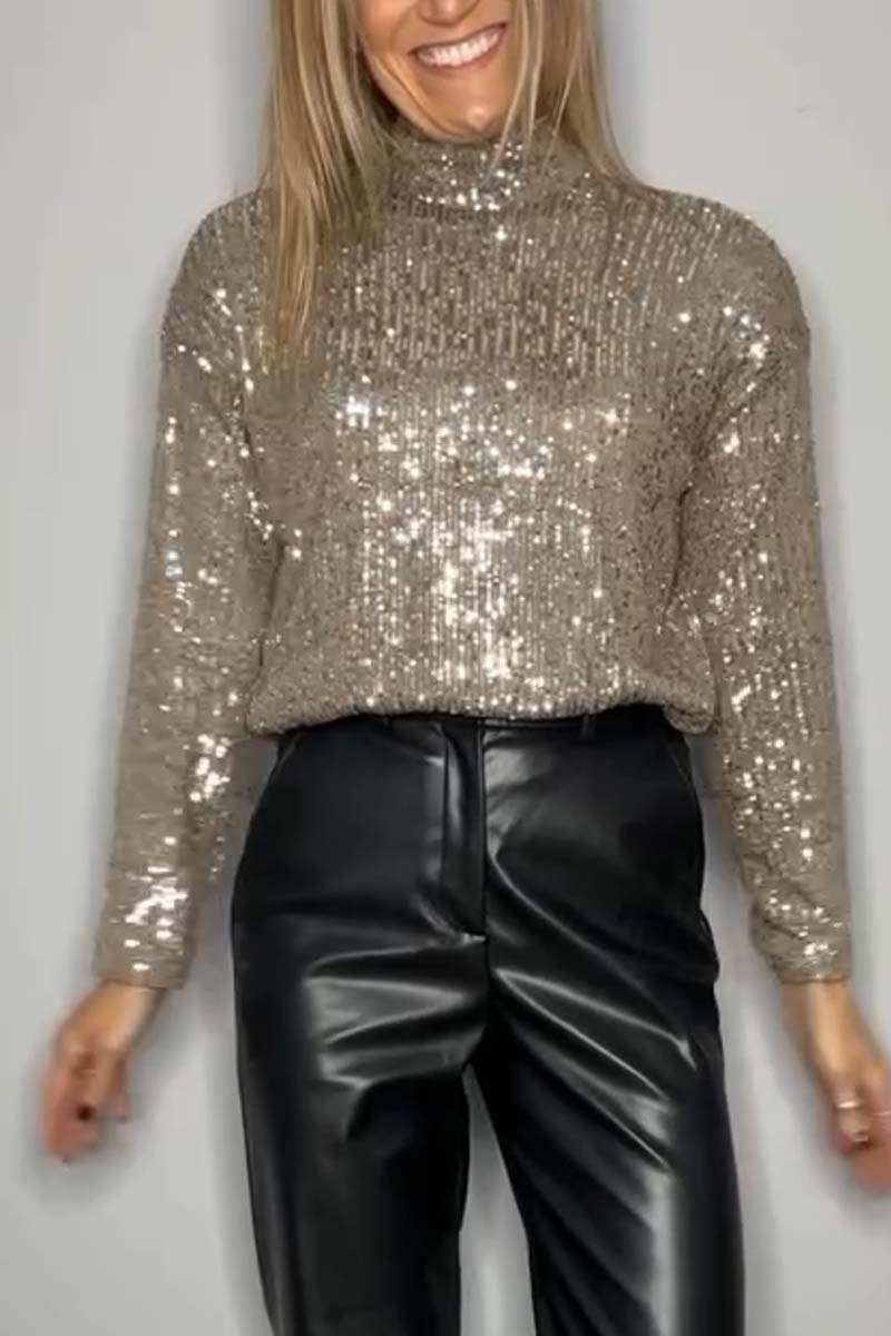 Women's Fashionable Sequin Stand Collar Top