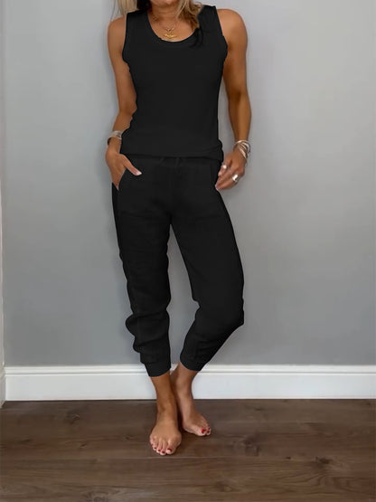 Women's Cotton and Linen Casual Two-piece Set Black