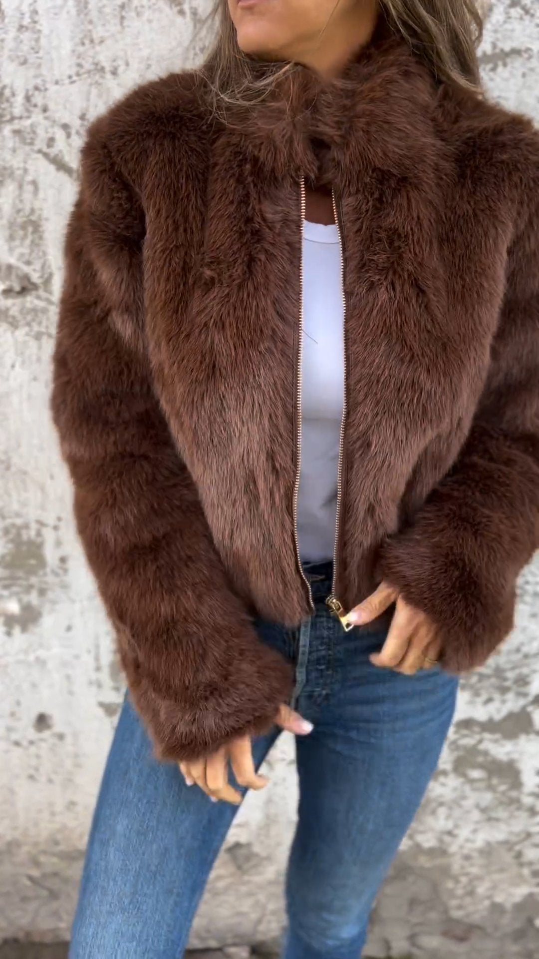 Women's High Collar Fur Zipper Casual Jacket brown