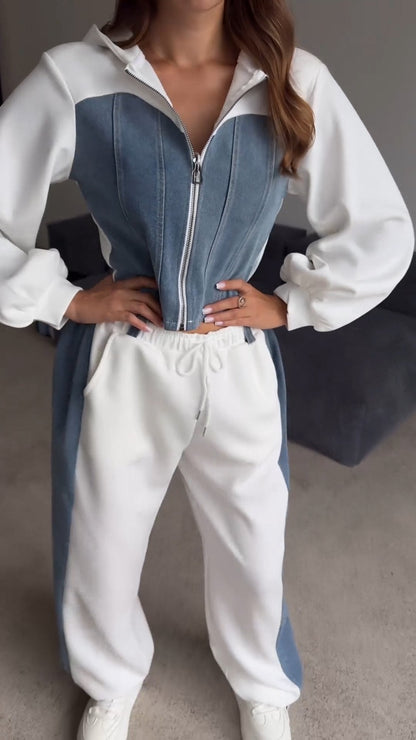 Women's Hooded Denim Patchwork Sweatshirt Two-piece Set white