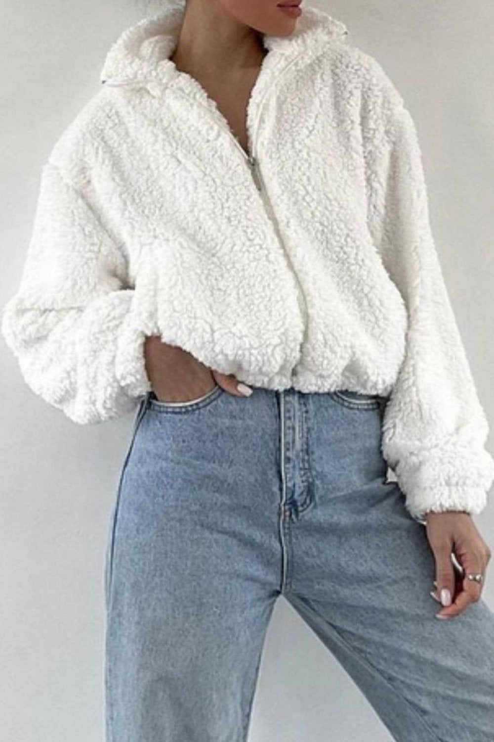 Women's Solid Color Fur Coat Top White