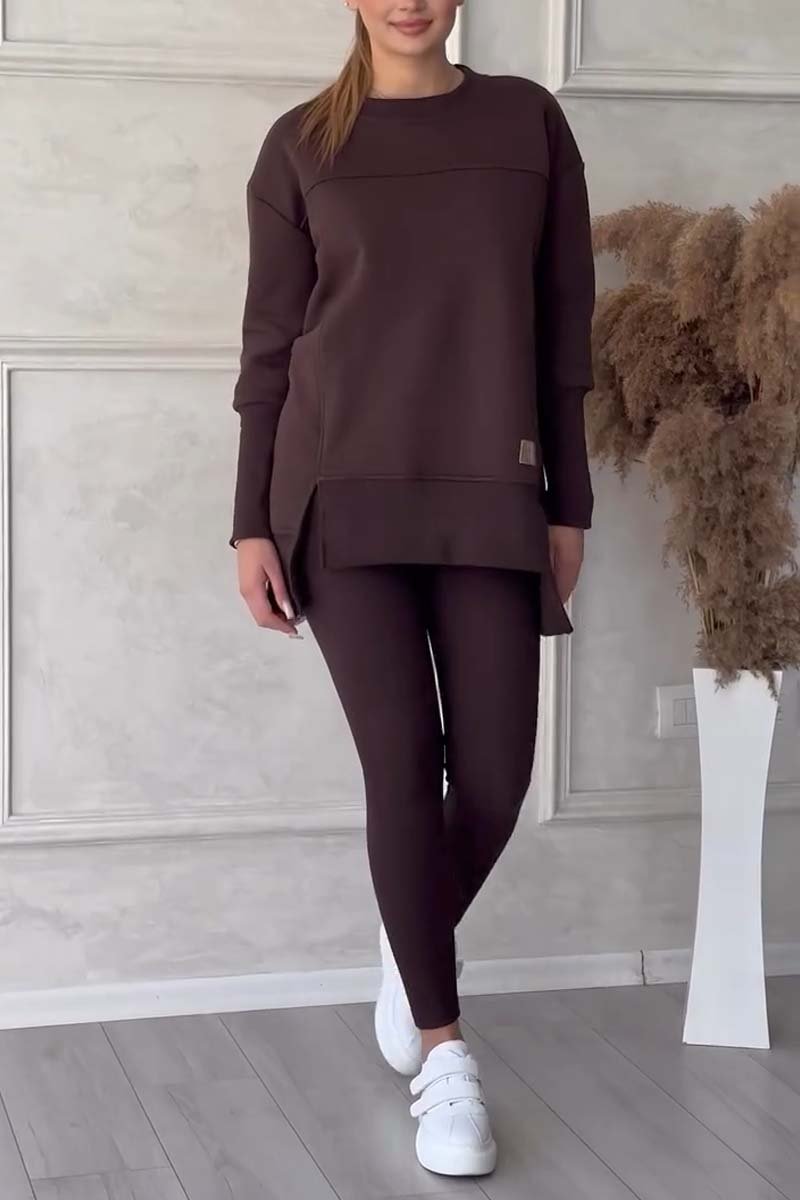 Women's Casual Solid Color Round Neck Long Sleeve Slit Hem Sweatshirt Leggings Set Dark Brown