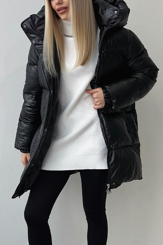 Women's Casual Hooded Solid Color Thick Coat black