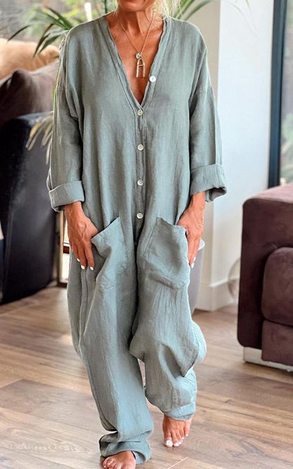 Casual V-neck Cotton and Linen Jumpsuit