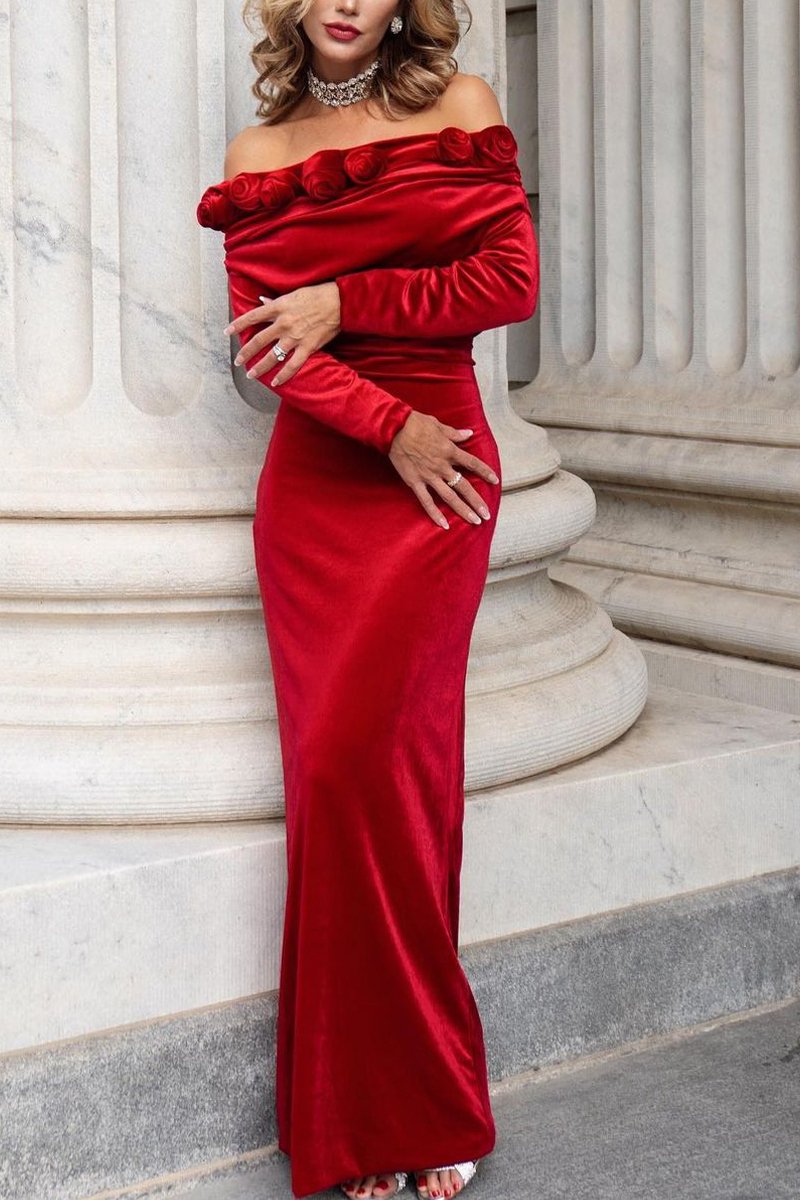 Women's Fashion Party Dinner One-shoulder Three-dimensional Flower Velvet Long Maxi Dress