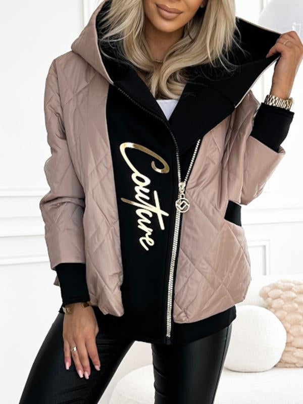 Women's Hooded Zipper Stitching Contrast Color Letter Print Casual Cotton Coat