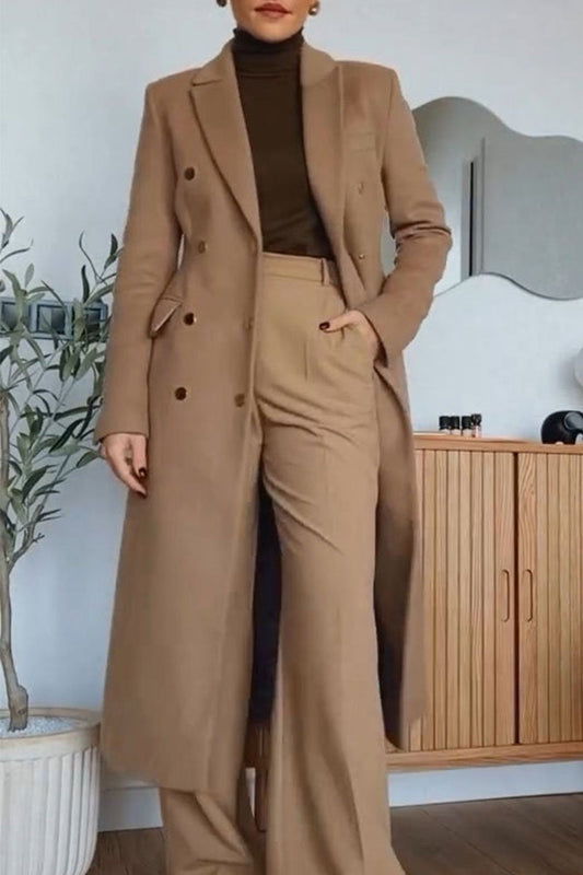 Women's V-neck Solid Color Long Coat khaki