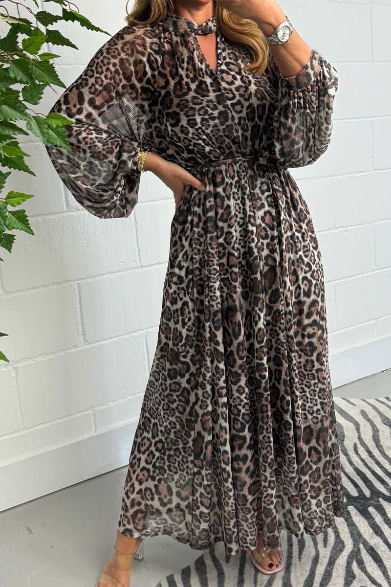 Women's Leopard Puff Sleeve Mesh Belted Maxi Dress