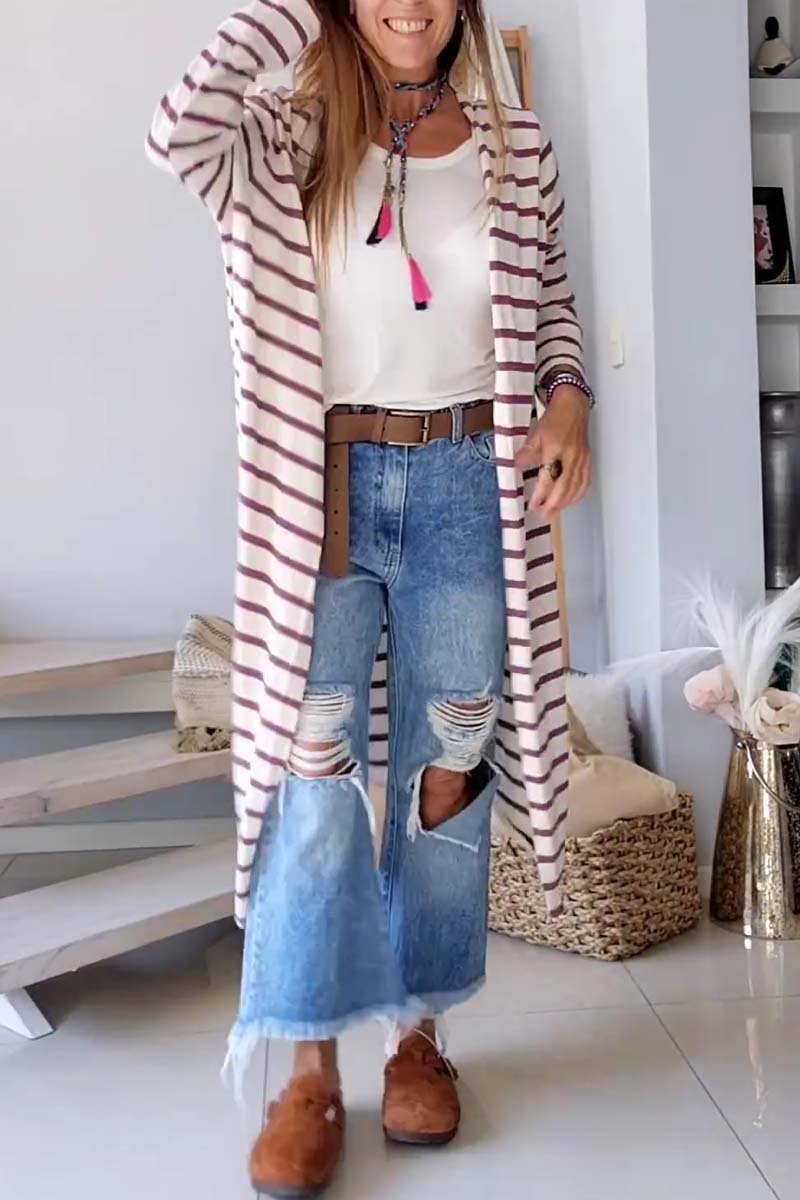 Women's casual loose striped knitted cardigan