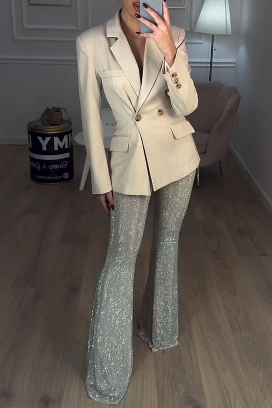 Women's Sequin Trousers with Blazer Two-piece Set beige