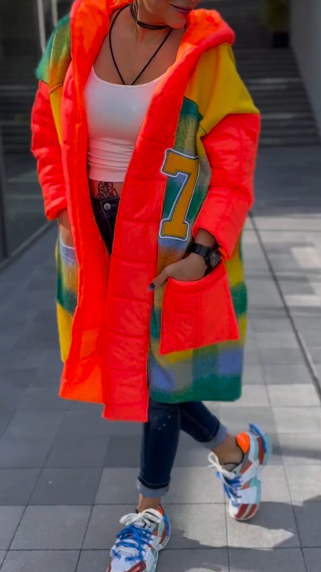 Women's Hooded Long-sleeved Patchwork Overcoat orange