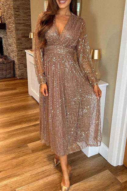 Women's V-neck Sequined Dress brown