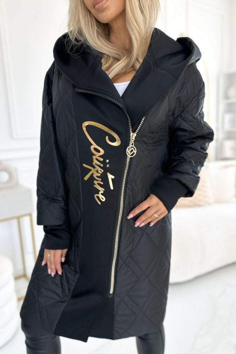 Women's Hooded Zippered Letter Print Long Coat black