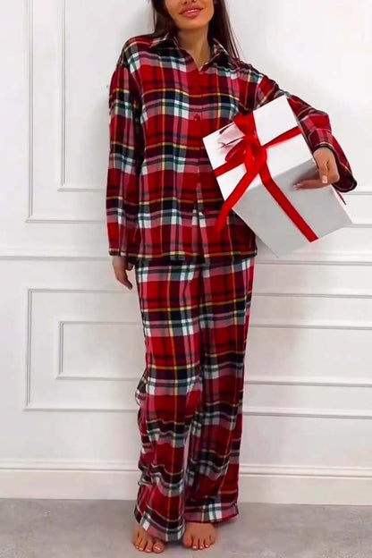 Women's Casual Christmas Plaid Pajama Set Red