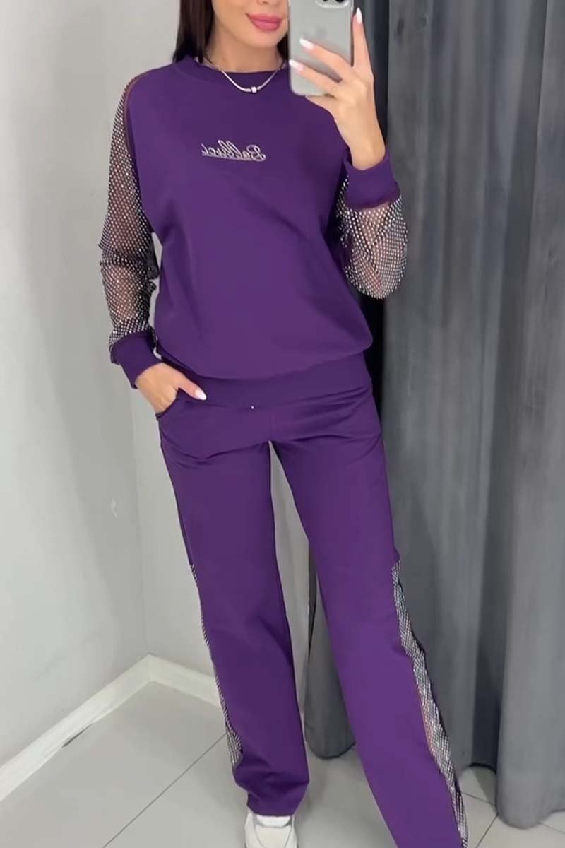 Women's casual patchwork mesh sports suit Purple