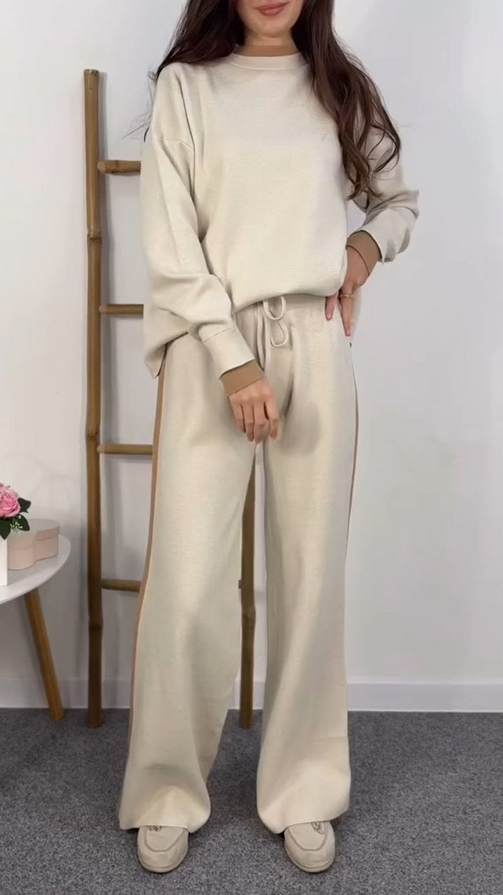 Women's Solid Color Round Neck Top and Trousers Two-piece Set beige