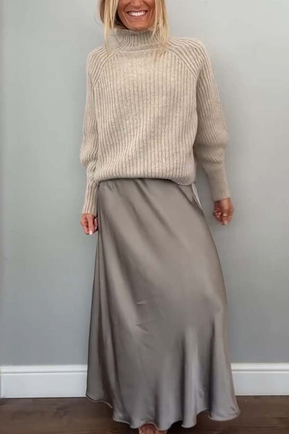 Women's turtleneck long sleeve sweater and satin skirt set Light Gray