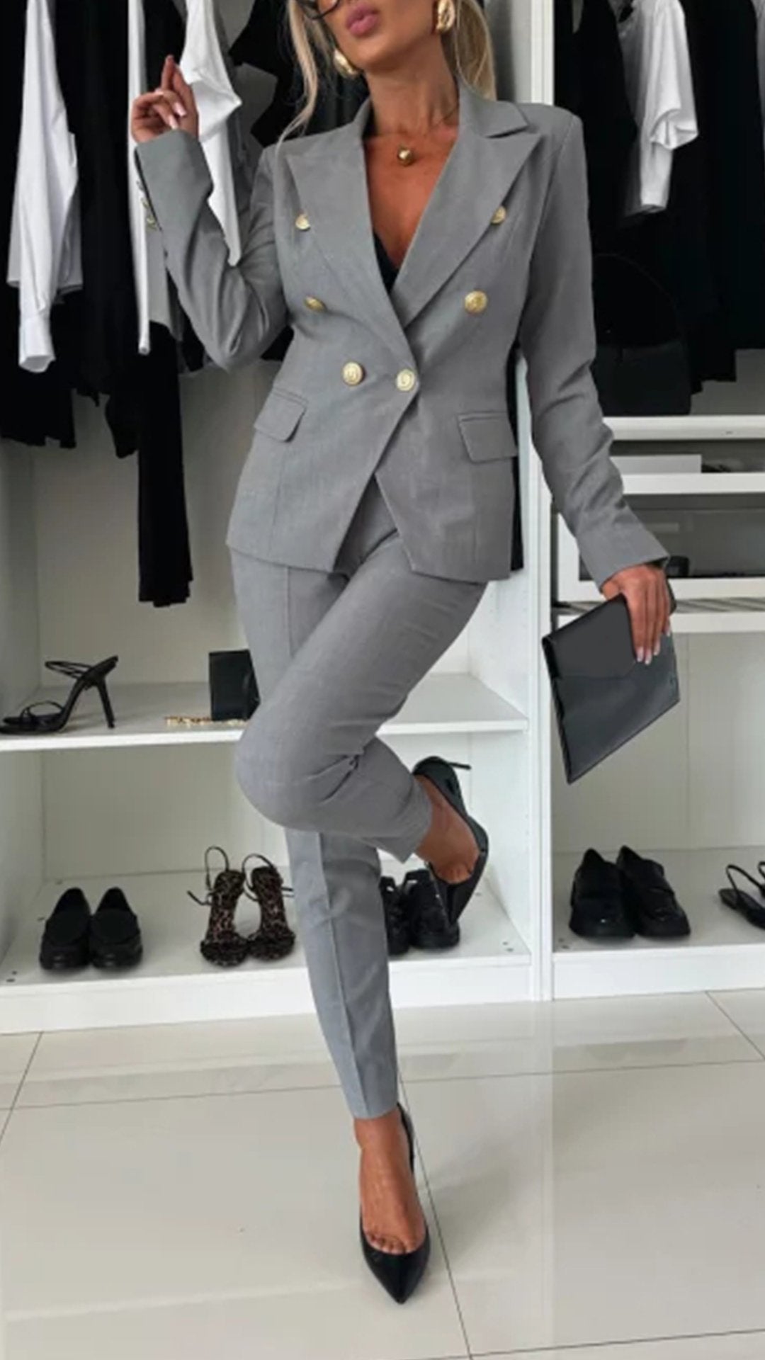 Women's Lapel Long Sleeve Elegant Suit gray