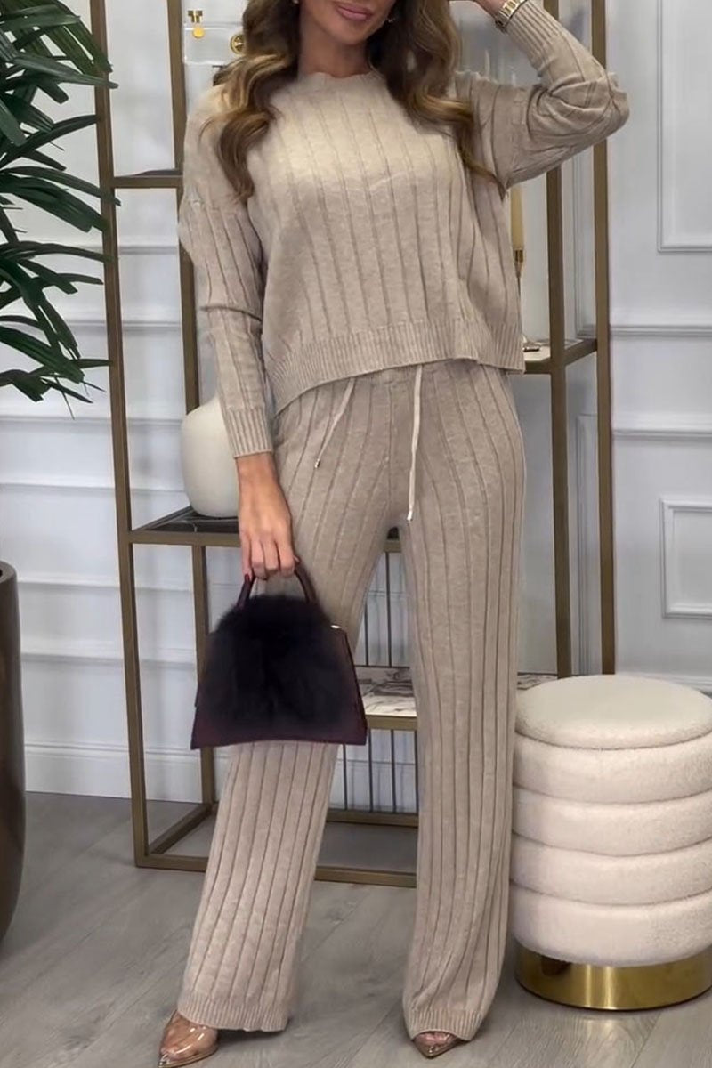 Women's Round Neck Solid Color Sweater and Trousers Two-piece Set