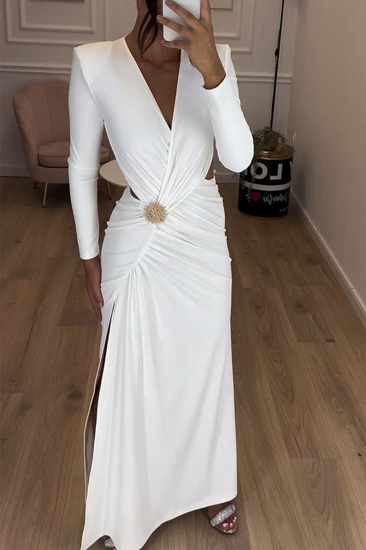 Women's V-neck Waist Hollow Dress white