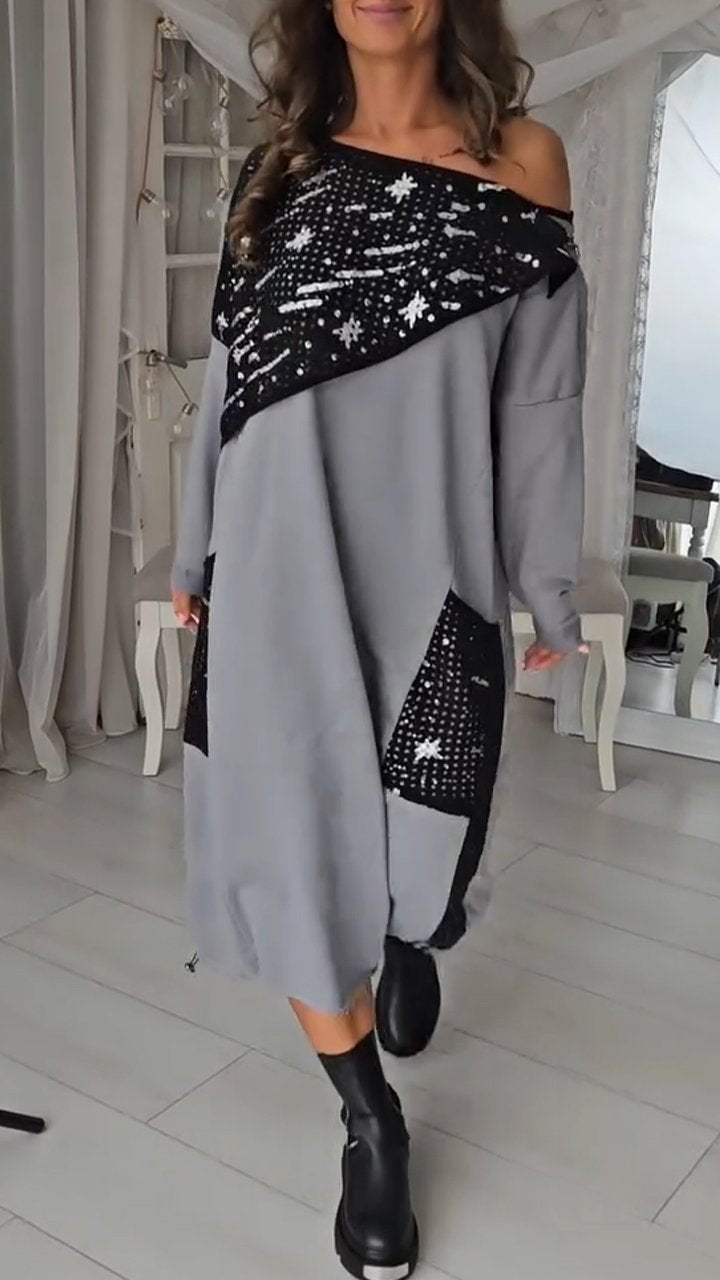 Women's Off-shoulder Long Sleeve Patchwork Dress grey