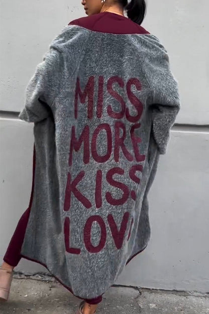 Women's Casual Letter Print Long Cardigan grey