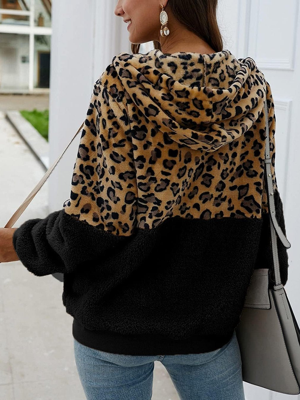 Women's Casual Leopard Print Patchwork Hooded Plush Jacket